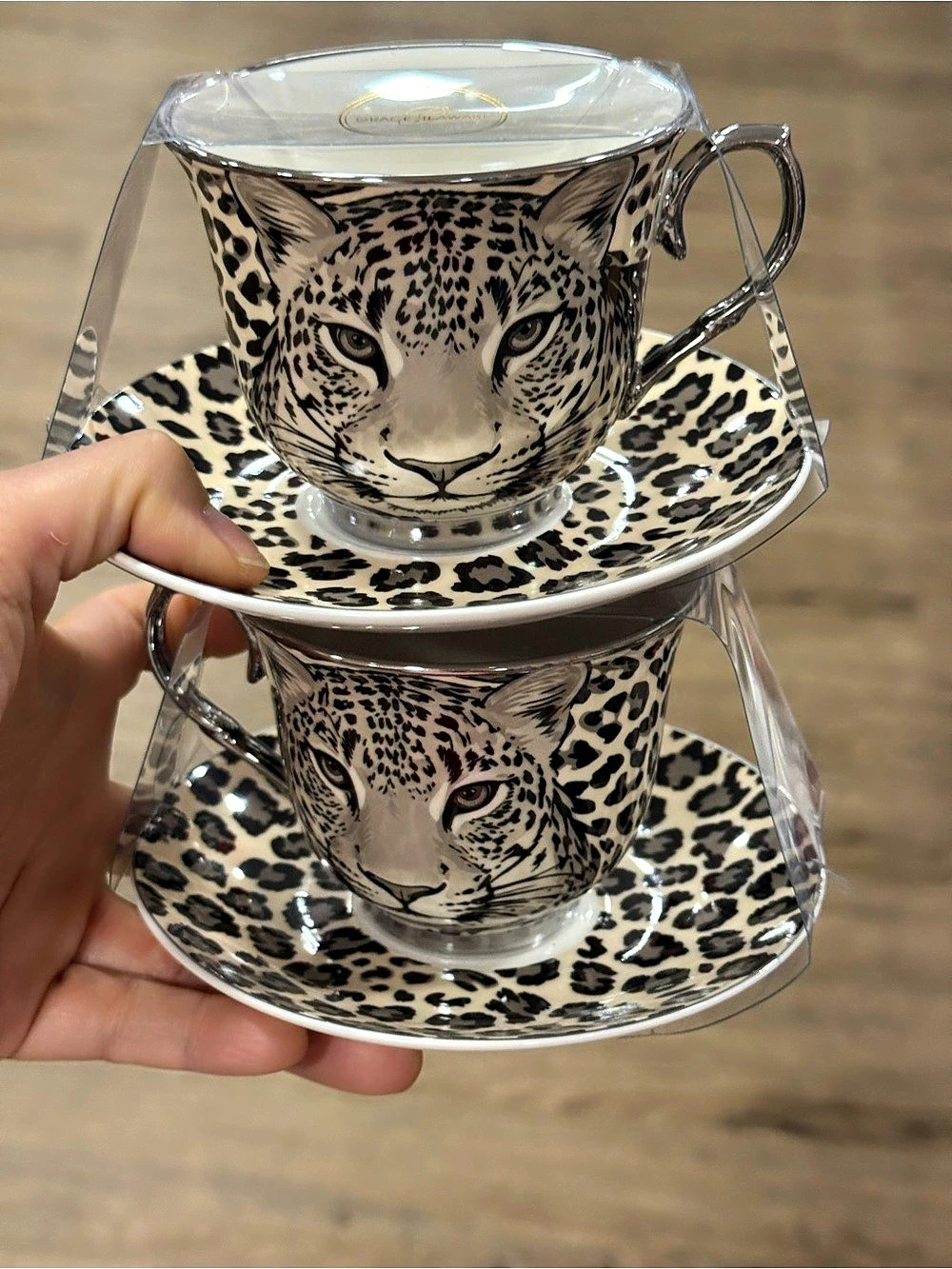 Leopard Print Cup & Saucer Set 2, White & Brown, New